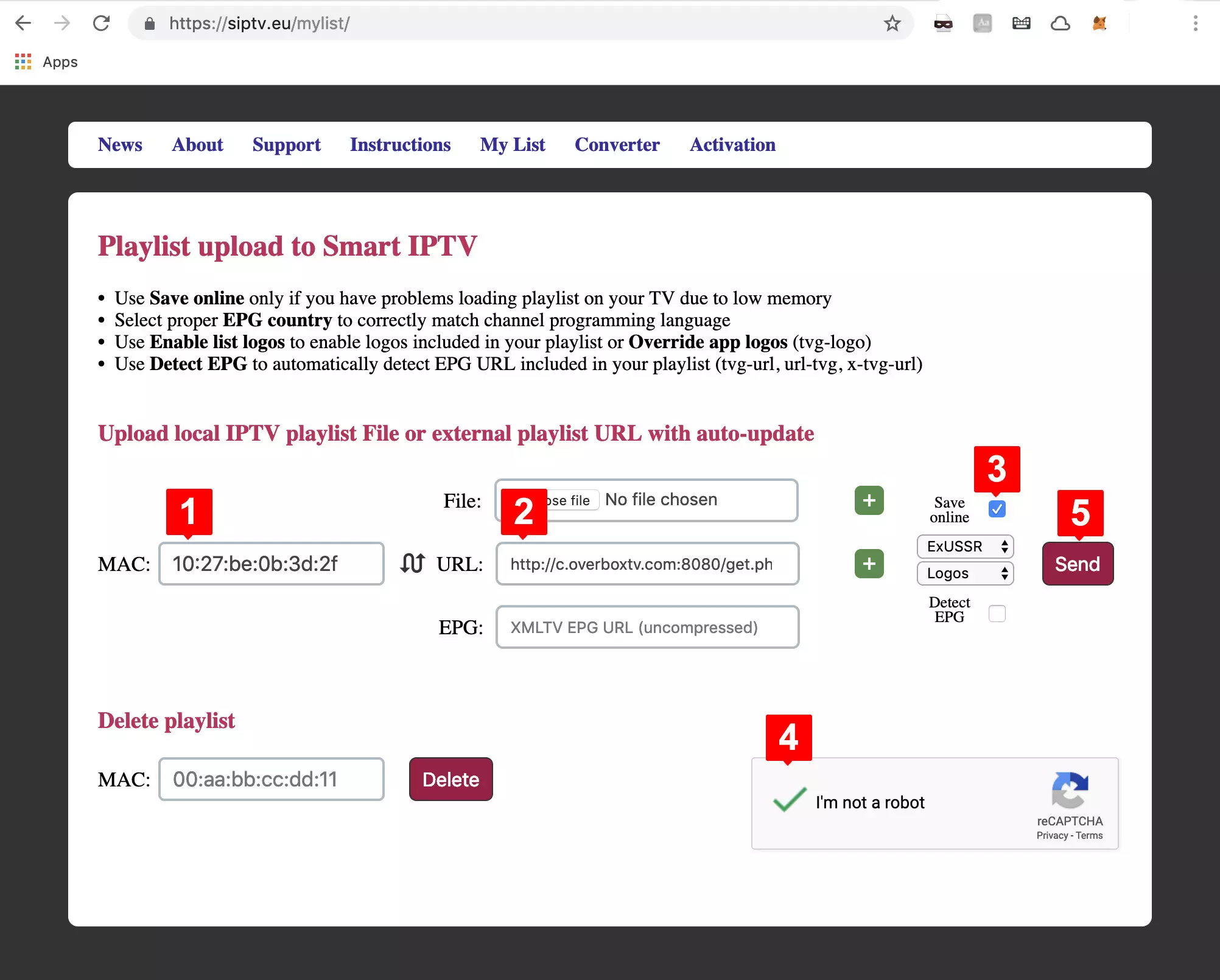 siptv.eu/mylist upload form. MAC, LemoTV M3U URL, then Send.