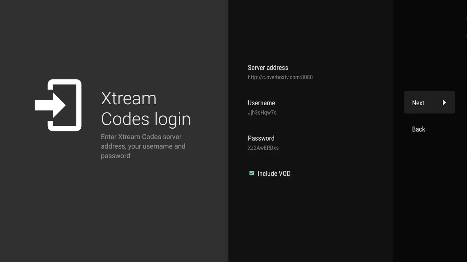TiviMate Xtream Codes login. Enter LemoTV server address, username, and password.
