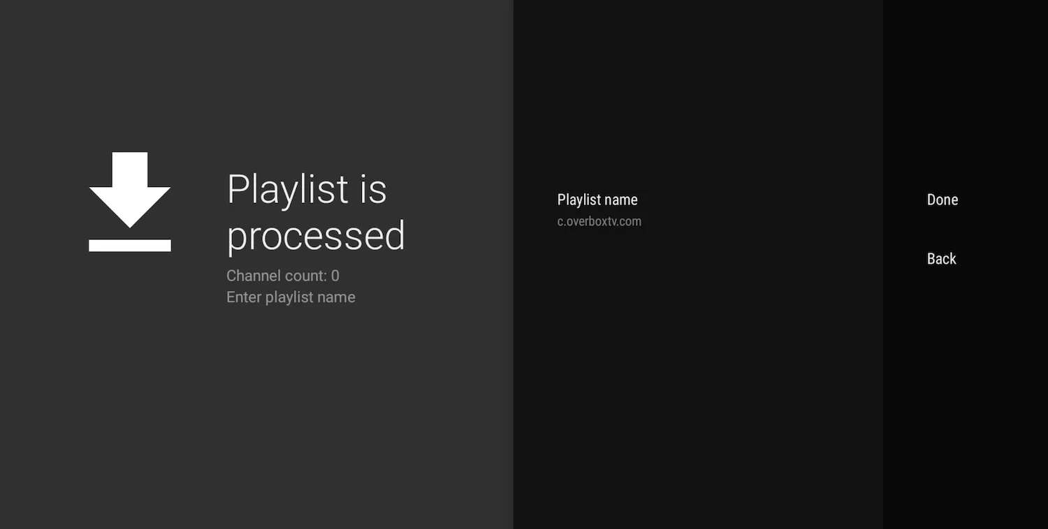 TiviMate playlist name screen. Enter LemoTV and press Done.