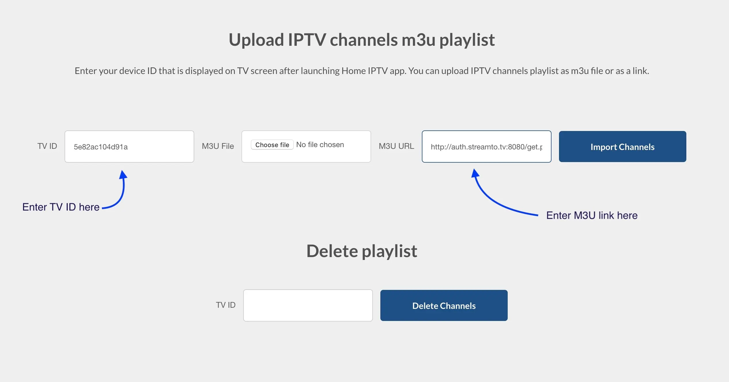 Home IPTV website. Enter TV ID and the LemoTV M3U URL, then Import Channels.