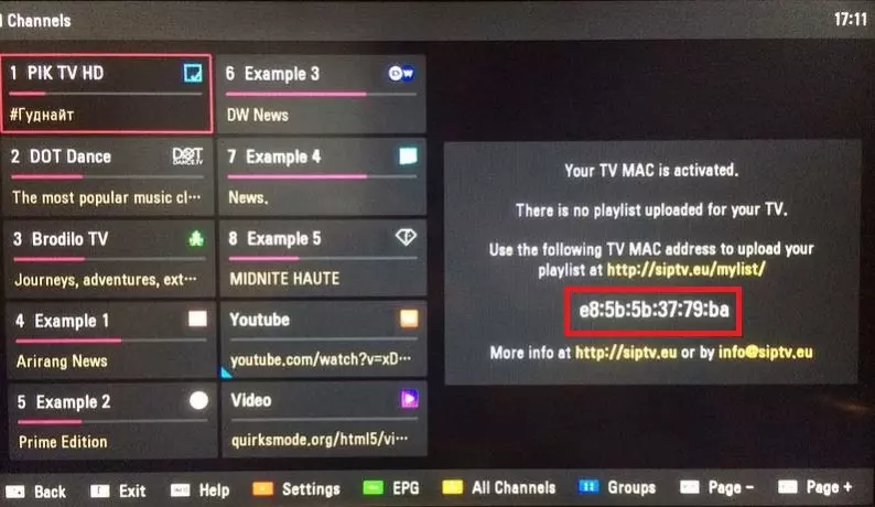Smart IPTV on the TV. Copy the MAC address from the grey box.